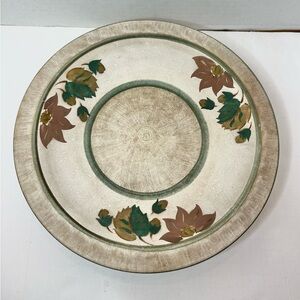 12 inch Pedestal Pottery Serving Bowl Plate Made in Denmark Leaves Brown Green